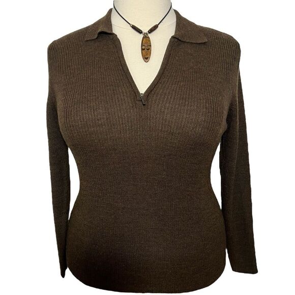 Vintage Pendleton Brown Ribbed Knit Half Zip Front Sweater -- L - Picture 2 of 10